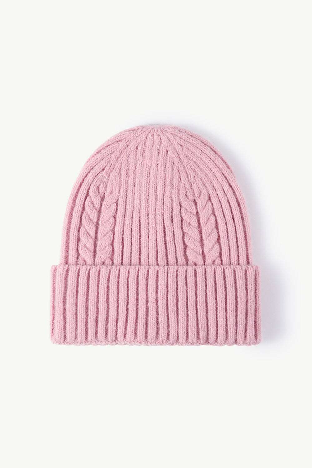 Close-up of pink Cable-Knit Cuff Beanie, showcasing the soft textured knit and fold-over cuff for a cozy, stylish winter accessory