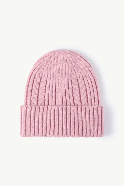 Warm and stylish Cable-Knit Cuff Beanie with textured knit pattern and fold-over cuff, perfect for a cozy winter look and versatile cold-weather fashion - Pink