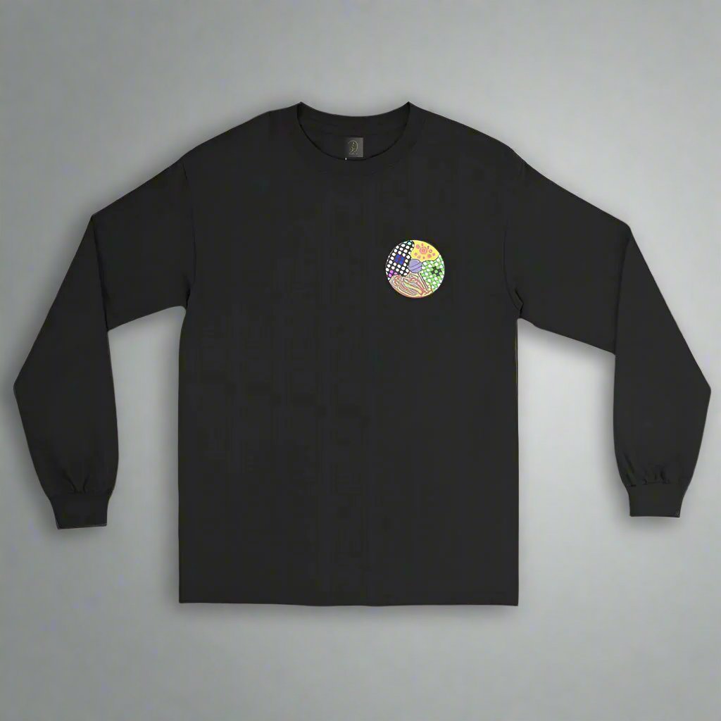 Front view of the Black Hallucinogenic Lollipop Long Sleeve Shirt from Lalex & Co, featuring a vibrant graphic design, comfortable fit, and stylish details for a bold, casual look.