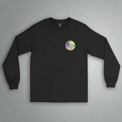 Front view of the Black Hallucinogenic Lollipop Long Sleeve Shirt from Lalex & Co, featuring a vibrant graphic design, comfortable fit, and stylish details for a bold, casual look.