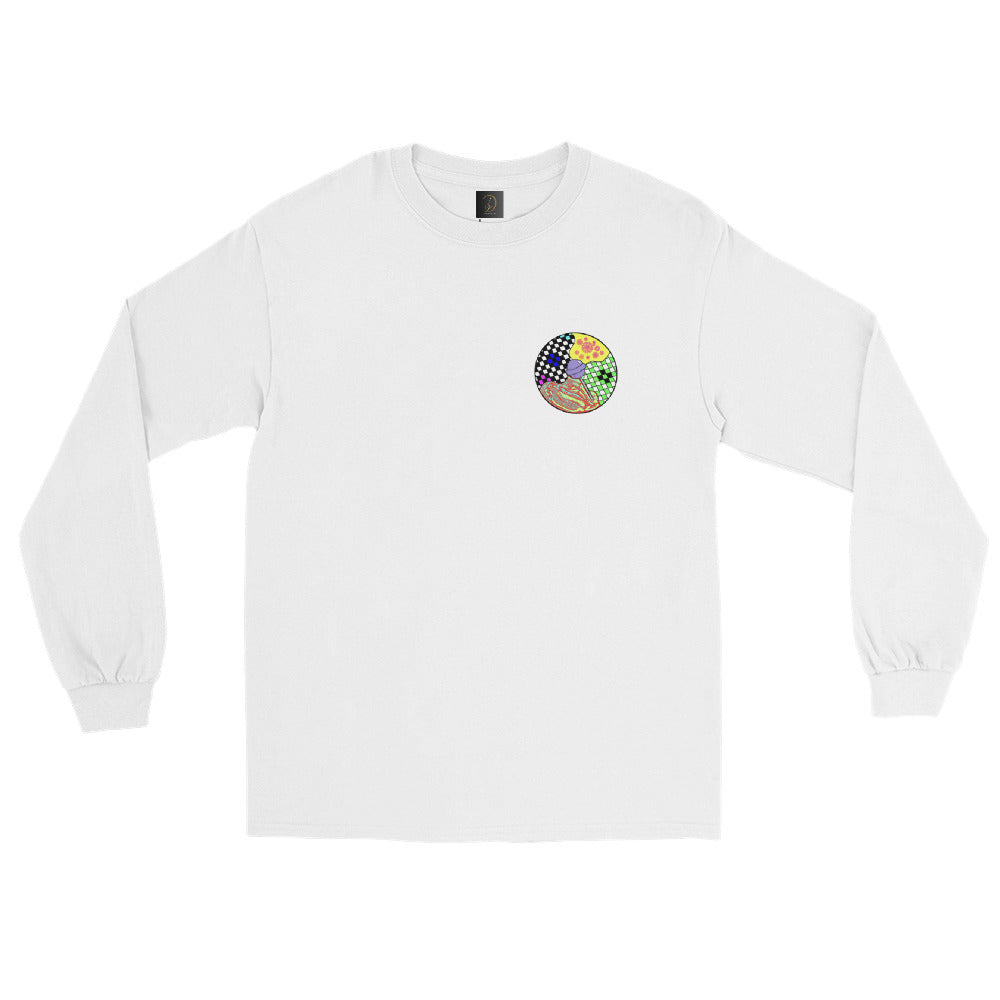 Front view of the White Hallucinogenic Lollipop Long Sleeve Shirt from Lalex & Co, featuring a vibrant graphic design, comfortable fit, and stylish details for a bold, casual look.