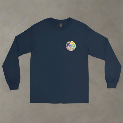 Front view of the Navy Hallucinogenic Lollipop Long Sleeve Shirt from Lalex & Co, featuring a vibrant graphic design, comfortable fit, and stylish details for a bold, casual look.